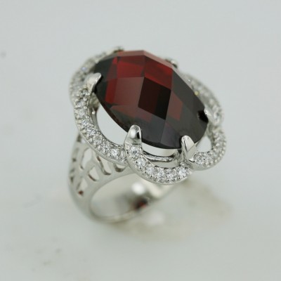 Sterling Silver Ring 22X20mm Chess Cut Oval Garnet Cubic Zirconia with Cubic Zirconia Around