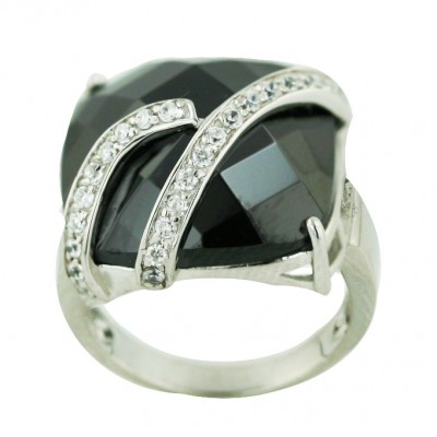 Sterling Silver Ring 18X18mm Chess Cut Cushion Black Cubic Zirconia with Clear Cubic Zirconia