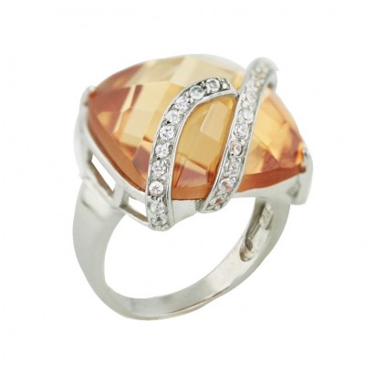 Sterling Silver Ring 18X18mm Chess Cut Cushion Champagne Cubic Zirconia with Clear Cubic Zirconia