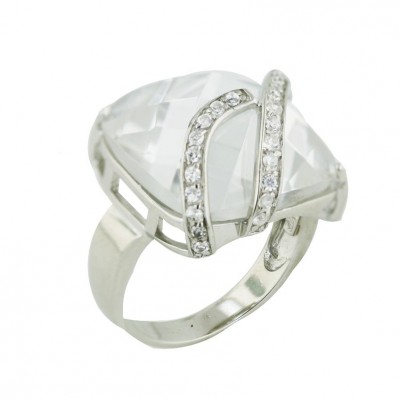 Sterling Silver Ring 18X18mm Chess Cut Cushion Clear Cubic Zirconia with Clear Cubic Zirconia