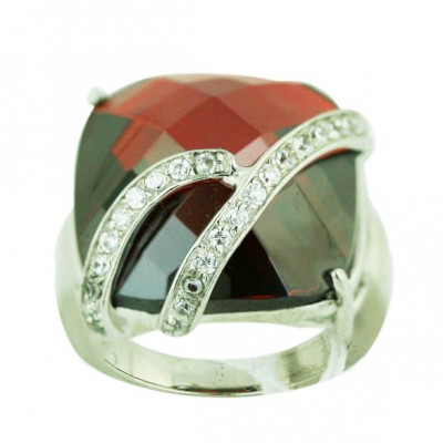 Sterling Silver Ring 18X18mm Chess Cut Cushion Garnet Cubic Zirconia with Clear Cubic Zirconia