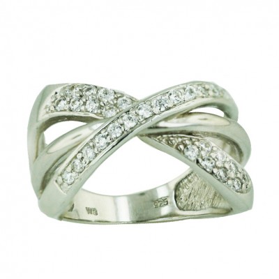 Sterling Silver Ring 3 Silver+Clear Cubic Zirconia Criss Cross Lines