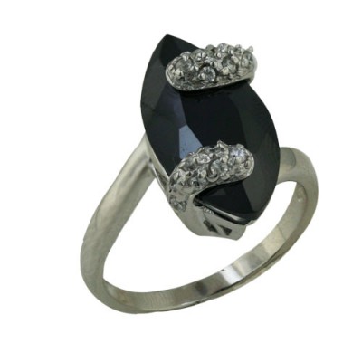 Sterling Silver Ring 18X10mm Marquis Black Cubic Zirconia with 2 Oppositive Pave Clear C
