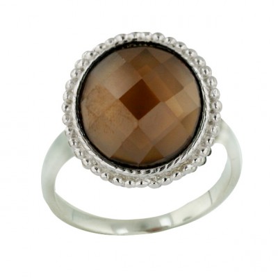 Sterling Silver Ring 13mm Chess Cut Coffee Cubic Zirconia Dome with Doted Aro