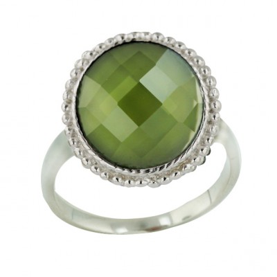 Sterling Silver Ring 13mm Chess Cut Olivine Cubic Zirconia Dome with Doted Ar