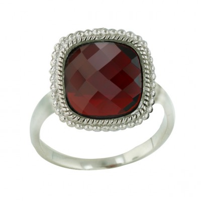 Sterling Silver Ring 13.5X13.5mm Chess Cut Garnet Cubic Zirconia Cushion Dome with