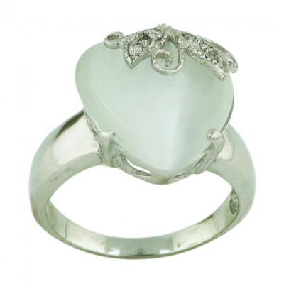 Sterling Silver Ring (W=15mm) Pave Cubic Zirconia Leaf Puffy White Cat Eye (