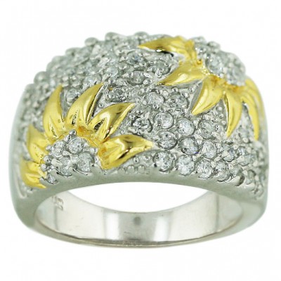 Sterling Silver Ring Pave Clear Cubic Zirconia with Gold Tone Sun