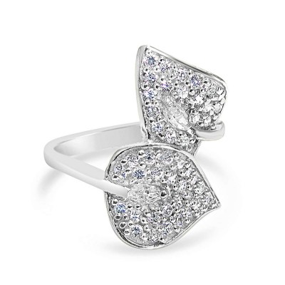Sterling Silver Ring Opposite Pave Clear Cubic Zirconia Leaf