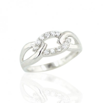 Sterling Silver Ring Plain+Clear Cubic Zirconia Open Oval Links