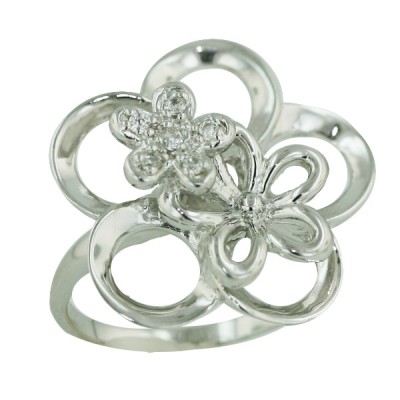 Sterling Silver Ring Clear Cubic Zirconia Open Flowers