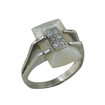 Sterling Silver Ring 17X11mm Rectangular White Mother of Pearl+Clear Cubic Zirconia Rectangular Top