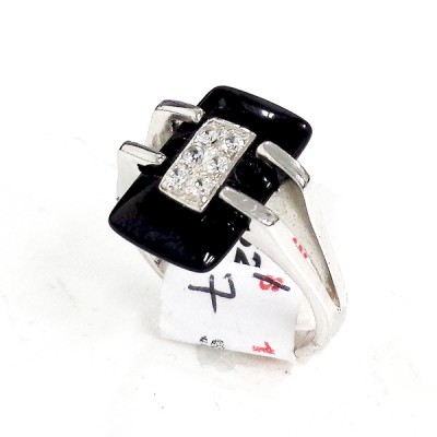 Sterling Silver Ring 17X11mm Rectangular Onyx+Clear Cubic Zirconia Rectangular Top