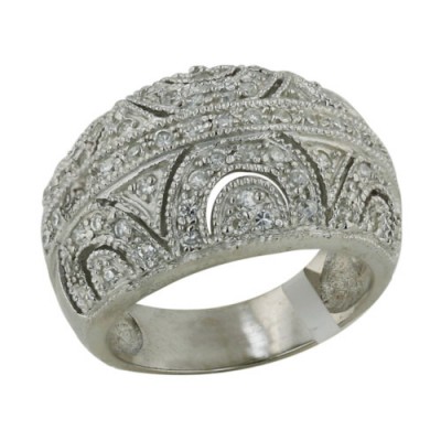 Sterling Silver Ring Pave Clear Cubic Zirconia with Cutout Lines
