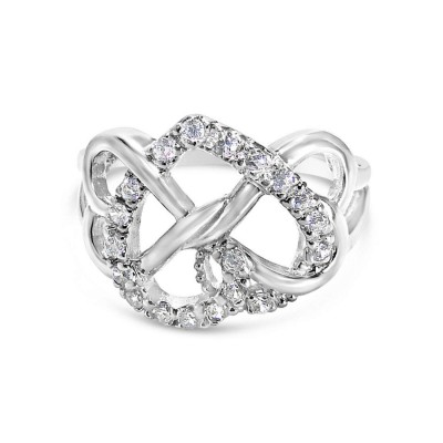Sterling Silver Ring Clear Cubic Zirconia Heart with 2 Plain Heart Twisted on Eac