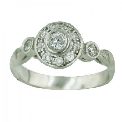 Sterling Silver Ring Round Clear Bezel+Rhombus both Side