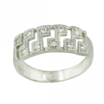 Sterling Silver Ring Pave Clear Cubic Zirconia Open Greek Keys