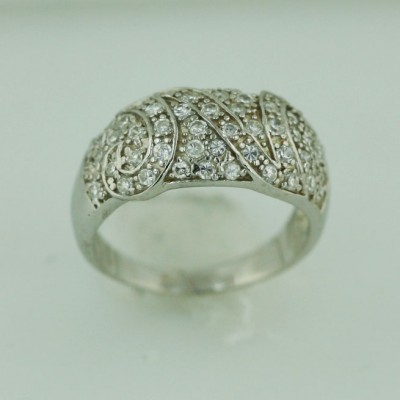 Sterling Silver Ring Pave Clear Cubic Zirconia Dome with Scroll Lines