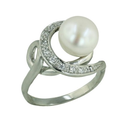 Sterling Silver Ring 10mm White Potato Freshwater Pearl with Clear Cubic Zirconia