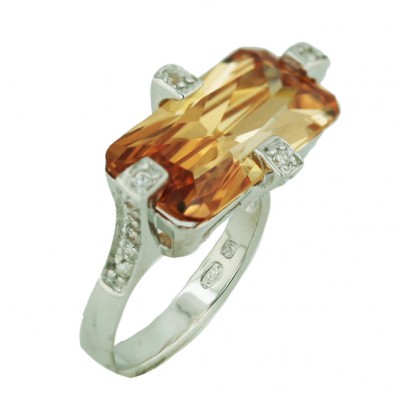 Sterling Silver Ring 20X10mm Rectangular Champagne Cubic Zirconia with 4 Clear Cubic Zirconia Prongs