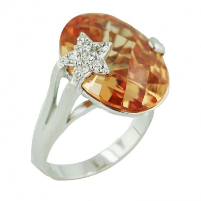 Sterling Silver Ring 20X15mm Chess Cut Oval Champagne Cubic Zirconia with Clear Cubic Zirconia Sta