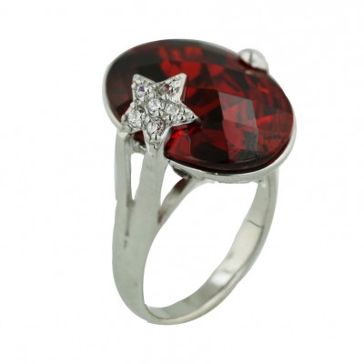 Sterling Silver Ring 20X15mm Chess Cut Oval Garnet Cubic Zirconia with Clear Cubic Zirconia Sta