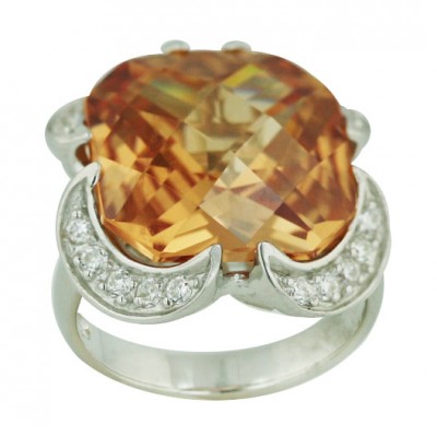 Sterling Silver Ring 16X16mm Chess Cut Cushion Champagne Cubic Zirconia with 4 Sided
