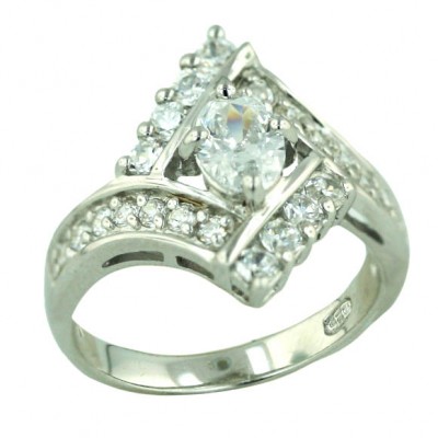 Sterling Silver Ring 7X5mm Oval Clear Cubic Zirconia Ctr+Rhombus Clear Cubic Zirconia Lines