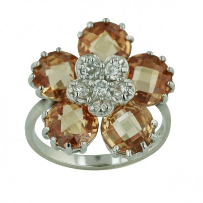 Sterling Silver Ring 5 Chess Cut Round Champagne Cubic Zirconia Petals+Clear Cubic Zirconia Ctr