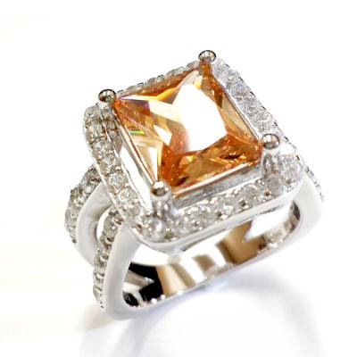Sterling Silver Ring 12X10mm Rectangular Chess Cut Champagne Cubic Zirconia with Clear Cubic Zirconia Ar