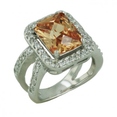 Sterling Silver Ring 12X10mm Rectangular Chess Cut Champagne Cubic Zirconia with Clear Cubic Zirconia Aro