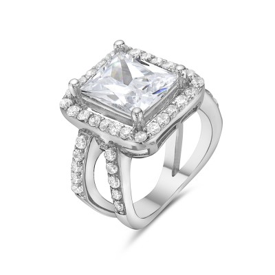 Sterling Silver Ring 12X10mm Rectangular Chess Cut Clear Cubic Zirconia with Clear Cubic Zirconia Ar