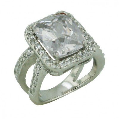 Sterling Silver Ring 12X10mm Rectangular Chess Cut Clear Cubic Zirconia with Clear Cubic Zirconia Ar
