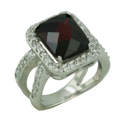 Sterling Silver Ring 12X10mm Rectangular Chess Cut Garnet Cubic Zirconia with Clear Cubic Zirconia Aro