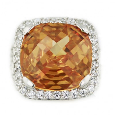 Sterling Silver Ring 18X18mm Chess Cut Cushion Champagne Cubic Zirconia with Clear Cubic Zirconia