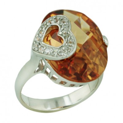 Sterling Silver Ring 20X15mm Chess Cut Oval Champagne Cubic Zirconia with Clear Cubic Zirconia Ope
