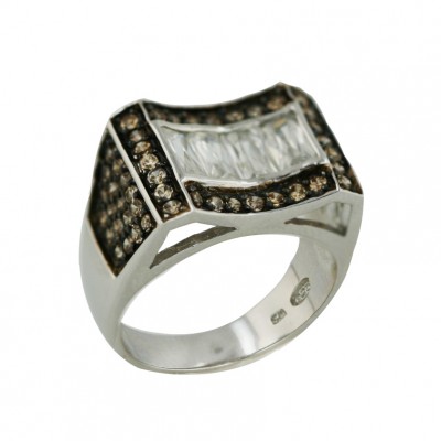 Sterling Silver Ring Clear Cubic Zirconia Channel Set Concave with Pave Coffee