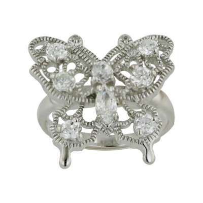 Sterling Silver Ring Clear Cubic Zirconia Open Butterfly