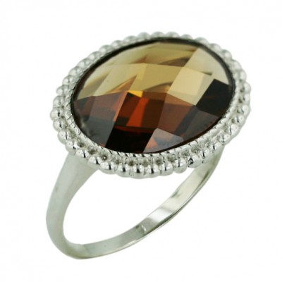 Sterling Silver Ring 16X12mm Chess Cut Oval Coffee Cubic Zirconia with Doted