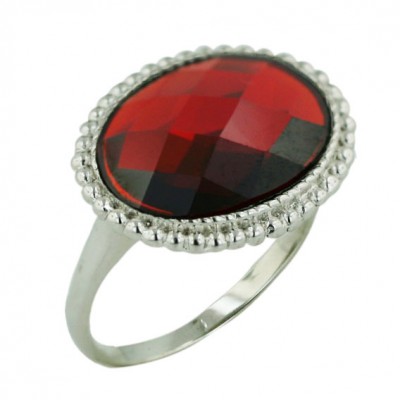Sterling Silver Ring 16X12mm Chess Cut Oval Garnet Cubic Zirconia with Doted Arou