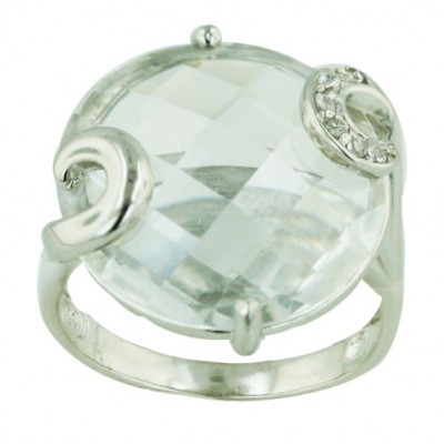 Sterling Silver Ring 20mmx18mm Round Clear Cubic Zirconia Chess Cut with Clear Cubic Zirconia +
