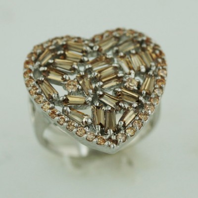 Sterling Silver Ring Multicolor-Coffee (W=22mm) Cubic Zirconia Baguette with Cubic Zirconia Champagne