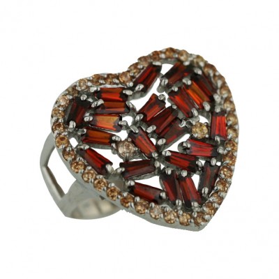 Sterling Silver Ring Multicolor-Garnet (W=22mm) Cubic Zirconia Baguette with Cubic Zirconia Champagne Hear