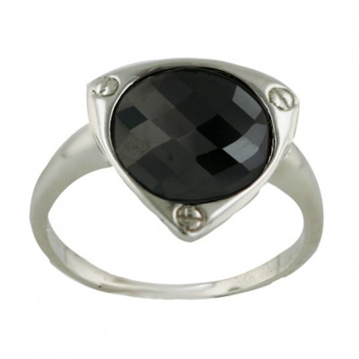 Sterling Silver Ring Black Cubic Zirconia Round Chess Cut Dome with Plain Triangl