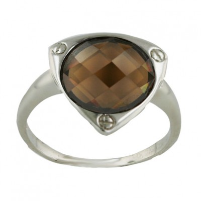 Sterling Silver Ring Coffee Cubic Zirconia Round Chess Cut Dome with Plain Tri