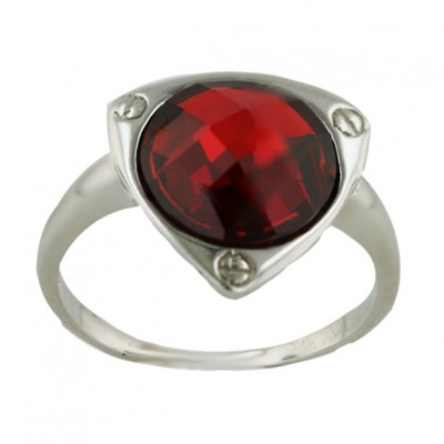 Sterling Silver Ring Garnet Cubic Zirconia Round Chess Cut Dome with Plain Triangl
