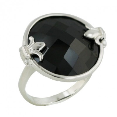 Sterling Silver Ring 18.5 mm Black Round Cubic Zirconia Chess Cut with Plain Flower