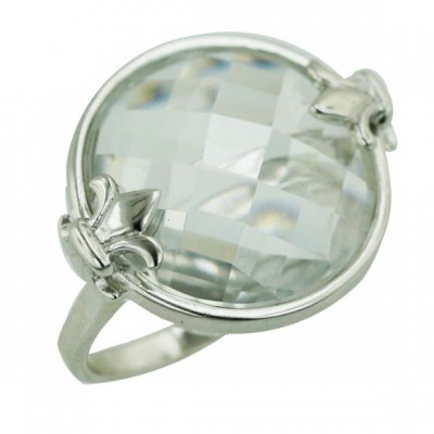 Sterling Silver Ring 18.5 mm Clear Round Cubic Zirconia Chess Cut with Plain Flower