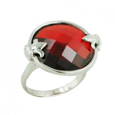Sterling Silver Ring 18.5 mm Garnet Round Cubic Zirconia Chess Cut with Plain Flower