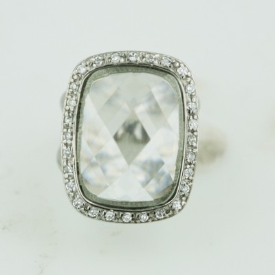 Sterling Silver Ring 24.5X17.5 mm Clear Rectangular Chess Cut Dome with Clear